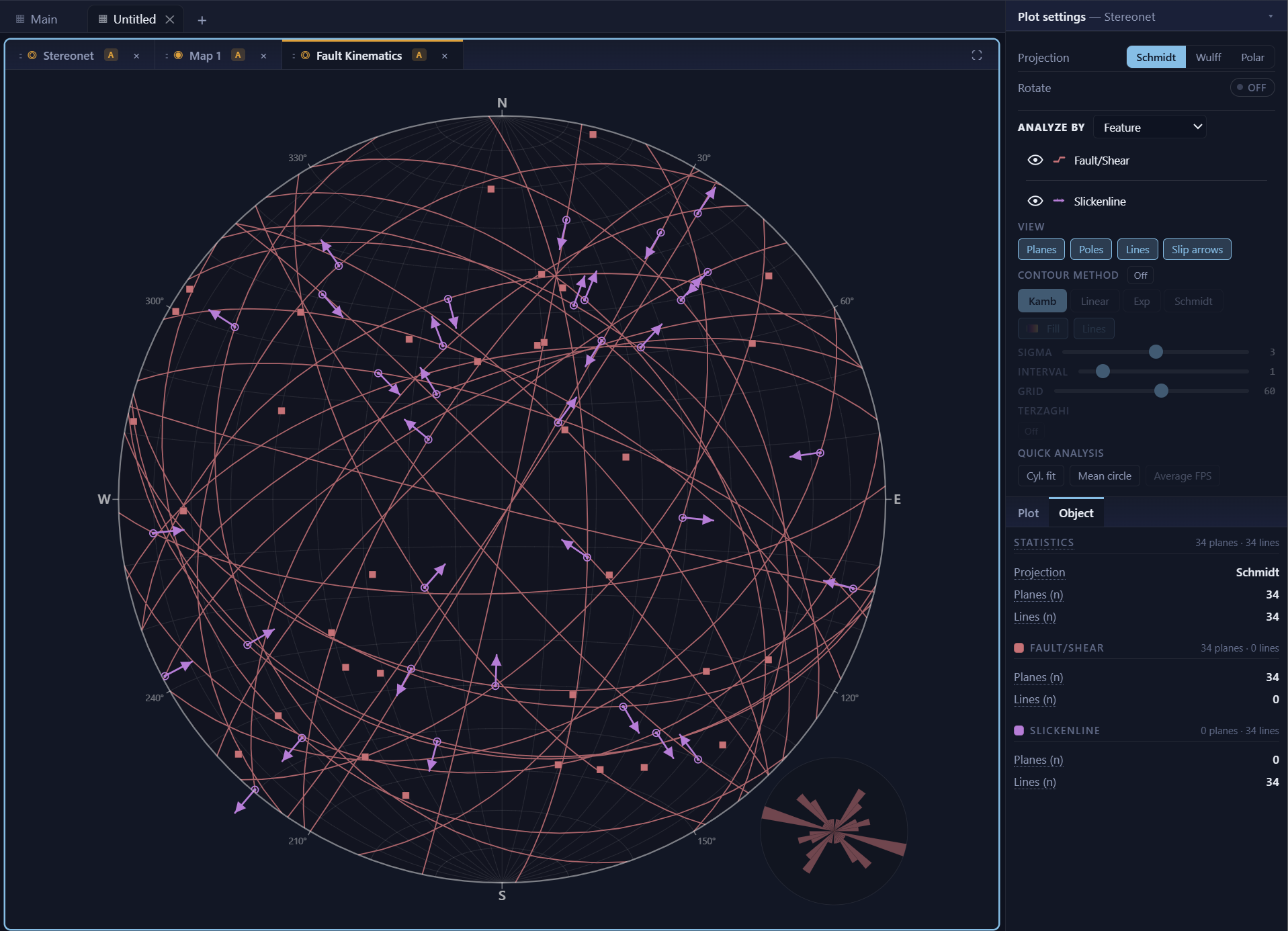 Stereonet of 34 fault planes as great circles with slip arrows drawn at each striation showing hanging-wall movement direction