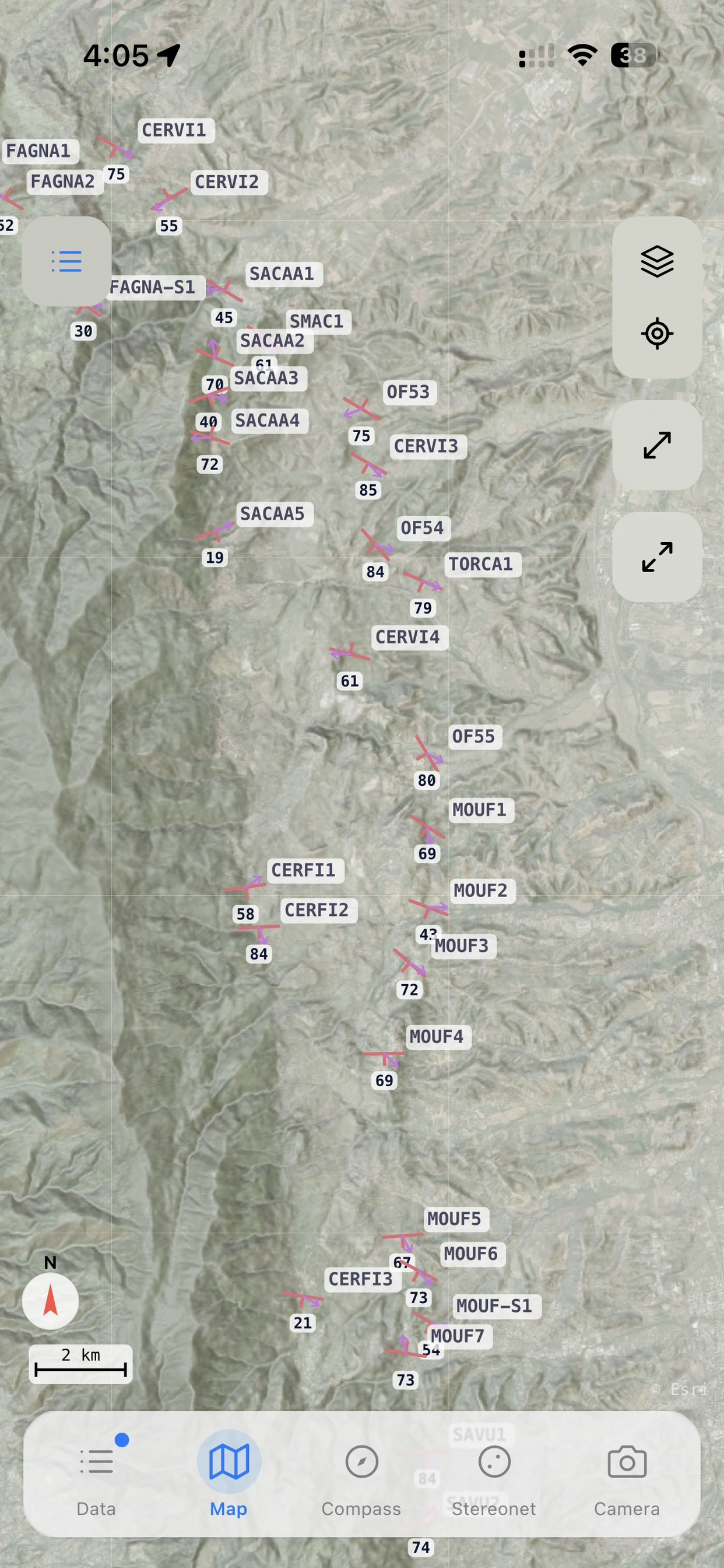 Map view with structural measurements plotted on satellite basemap
